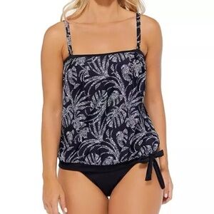 Island Escape Black & White Leaf Fern Tropical Tankini Top SZ 14